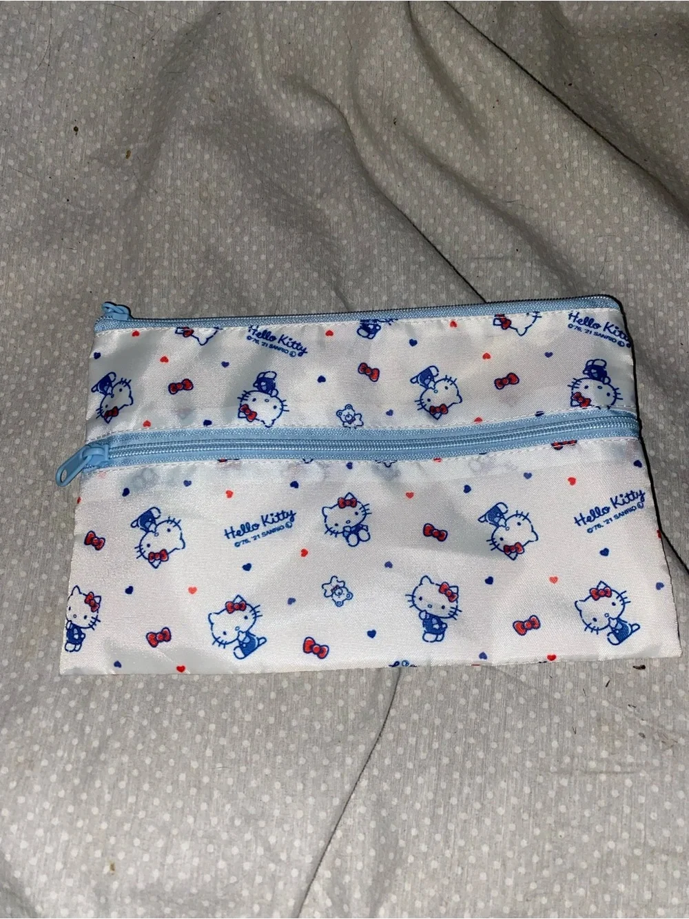 Hello Kitty White Pouch with Blue Trim and Red Bow Accents